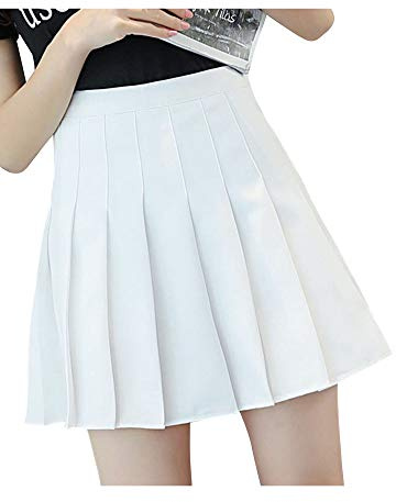 Women Girls High Waist Pleated Skater Tennis School Short Skirt (White,M)