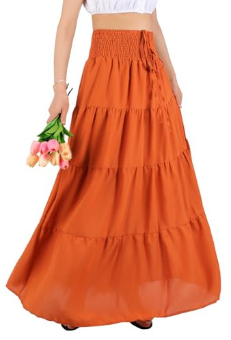 MYSSUCI Lang Rock Damen Sommer Chiffon Bohemian Maxirock Elastischer Sommerrock mit hoher Taille Einfarbig Strandkleid (Orange, L)
