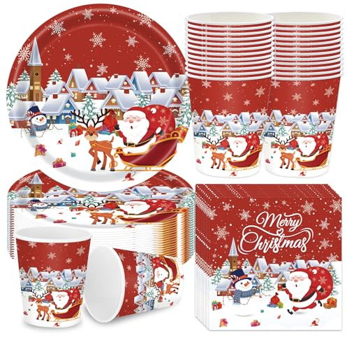 Daover 72pcs Christmas Party Tableware Set, Christmas Paper Plates Cups and Napkins, Party Supplies for Wedding, Picnic, BBQ, Restaurant and Supplies Table Decorations