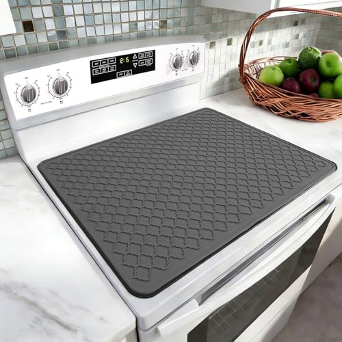 LONGKING Housse de protection pour cuisinière électrique – Tapis de cuisinière en silicone pour cuisinière en verre, housse de cuisinière pour cuisinière électrique, grille grise, 71,1 x 50,8 cm