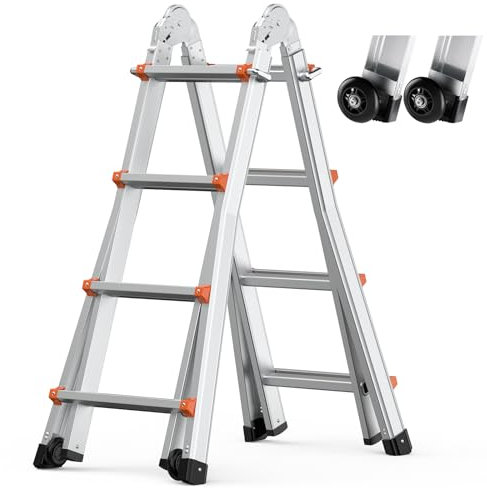 VEVOR Escalera Telescópica con Estructura en A Escalera Extensible 467 cm Escalera Plegable Portátil para RV, Tareas Escolares, Escalera de Techo para Interiores y Exteriores Carga de 149,7 kg