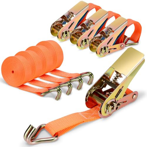 Pavlleen 4 Pièces Sangle a Cliquet avec Cliquets Sangle, 4x1000KG Sangle Cliquet, 2.5 cm x 4 m avec Cliquet et Crochet, Peuvent Supporter Jusqu'à 1000 KG, Solides Sangle à Cliquet pour Charge Solide