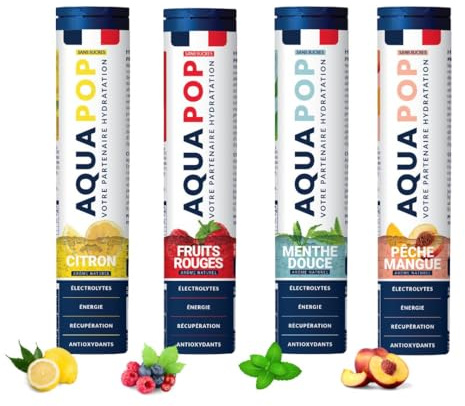 AQUAPOP - Pastilles électrolytes - Pack de 4 tubes - Sans Sucres - Favorise l'hydratation et l'énergie - 80 Comprimés Minéraux et Vitamines - Sport & Bien-être - 4 Pack