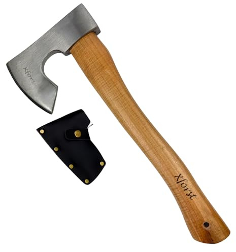 Xforst Hacha Vikinga de 38 cm para Bushcraft, Camping y Outdoor, Cabeza Forjada de Acero al Carbono Pulido, Mango de Madera de Hickory, Funda de Cuero Auténtico Incluida, Idea de Regalo, 0,86 kg, X-H6