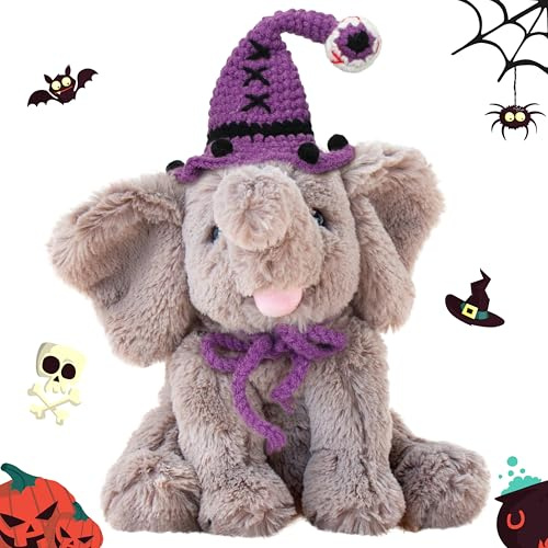 Hopearl Adorable Halloween Plush Calf Elephant Toy with Knitted Witch Hat Floppy Elephish Ultra Soft Stuffed Animal for Boys Girls Kids Toddlers, Gray, 10''
