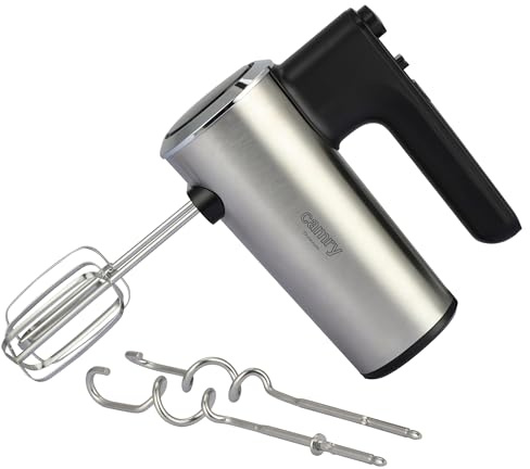 CAMRY Sbattitore elettrico con supporto per accessori – 5 velocità + funzione Turbo – 900W – 3 accessori in acciaio inox: ganci impastatori, fruste, frustino – Potente e versatile