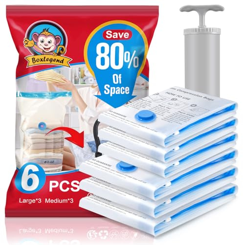BoxLegend Sacchetti Sottovuoto Vestiti 6 Pezzi 3L+3M Buste Sottovuoto Sacchetti Salvaspazio per Biancheria da Letto Piumone Cuscini Contenere Coperte Vestiti Lenzuola Tende,1 Pompa Manuale