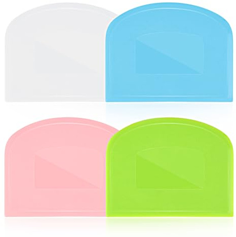 4 Pieces Food Scraper, Flexible Dough Scraper, Dough Scraper for Sourdough, Multifunctional Kitchen Scraper Tool, Baking Scraper, Bread Dough Cutter, Cake Smoother for Icing (White, Green, Blue, Pink)