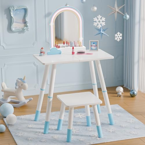 TOLEAD Kids Vanity Table and Chair Set, Adjustable Height Kids Vanity with LED Lights, Princess Girls Vanity Set with Stool, Toddler Make Up Vanity Desk with Storage Space for Little Girls, Blue