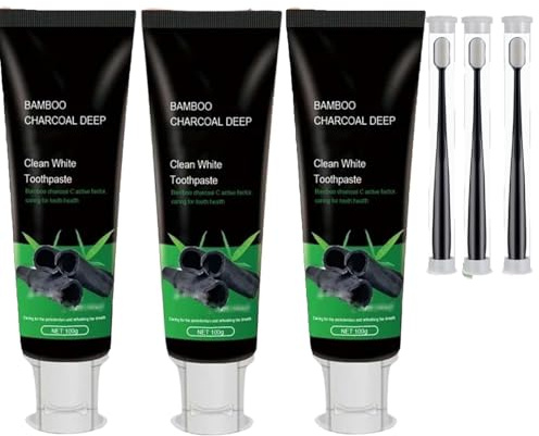 Kicklo Bamboo Charcoal Teeth Whitening Toothpaste, Activated Charcoal Teeth Whitening Toothpastes, Natural Tooth Whitenings Toothpastes, Long-Lasting Fresh Breath, Mint Flavor (3pcs)