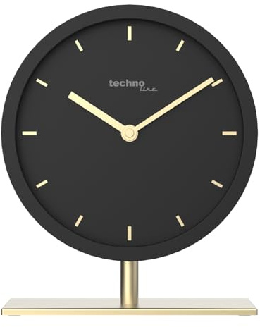 Technoline Modell Gamma Quarzwecker | Analog | Schwarz-Gold | Design Tischuhr | Leise Quarzuhr | Batteriebetrieben | Moderne Standuhr | Dekouhr | Wohnzimmer | Schlafzimmer | Büro