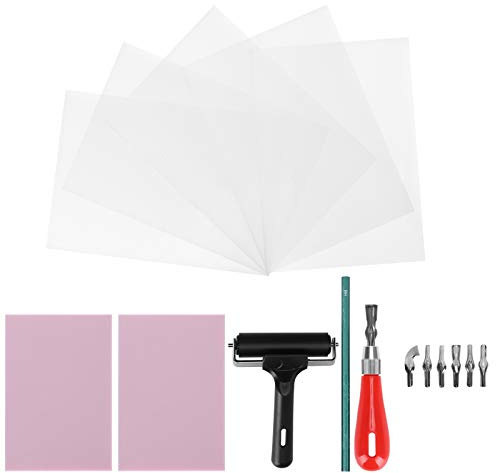 Fdit Kit de Tallado de Caucho, Juego de Fabricación de Bloques de Sellos con 6 Cuchillas de Corte para Grabar Materiales de Caucho, Herramienta de Arte de Impresión de Grabado