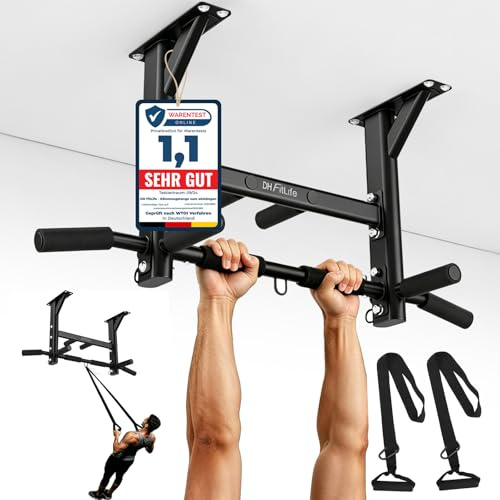 DH FitLife Sbarra per Trazioni da Soffitto 4 in 1 fino a 300 kg, Pull Up Bar Multifunzione per Home Gym, 8 Impugnature Antiscivolo, 3 Occhielli per Sacco da Boxe & Sling Trainer, Stabile & Sicura