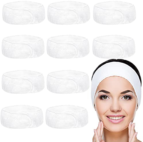 Belle Vous Diadema Maquillaje Blanca de Spa (Pack de 10) Diademas Mujer Cosméticos - Toalla Ajustable Cinta Cabeza – Diadema Sujetar Pelo para Lavar el Rostro, Duchas y Hacer Deportes