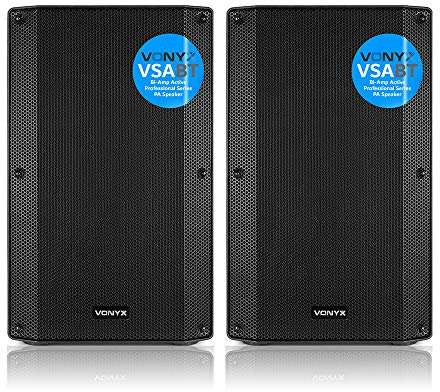 VONYX VSA12BT Bluetooth Active PA Speaker System, Pair of 12-Inch 1600W Powered DJ Speakers with USB MP3 Media Player, Dual Mic Inputs, Remote Control, Stage & Event Audio Solution