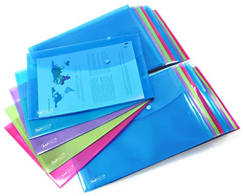 Rapesco 1678 ECO Kuvertmapp, Återvunnen Plast, A4+, 40 Pack | Blandade Transparenta Klara Färger