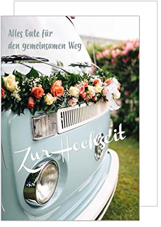 Edition Seidel Premium Glückwunschkarte zur Hochzeit mit Umschlag. Karte Hochzeitskarte Grusskarte Auto Bully Just Married Blumen (H432 SW022)