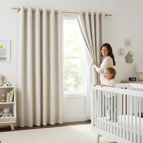 NICETOWN Natural 100% Blackout Linen Curtains 84 inch Long Burg for Living Room, 2 Panels, 52 Wide, Farmhouse Thick Completely Blackout Window Treatment Thermal Insulated Warm Drapes for Winter