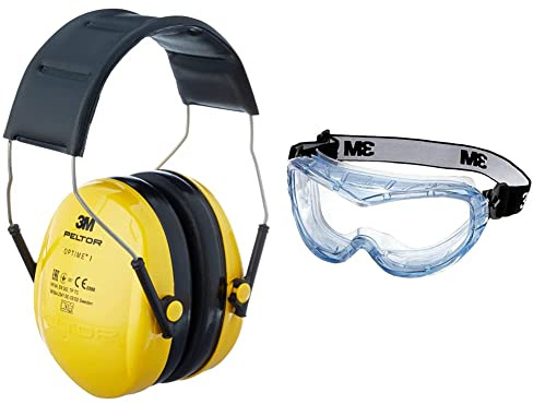 3M Peltor Optime I Ohrenschützer H510A, leichter Gehörschutz mit weichen Kissen, gelb, 1er Pack & 3M Vollsichtschutzbrille Fahrenheit FheitAF – Schutzbrille mit AS, AF & UV Beschichtung