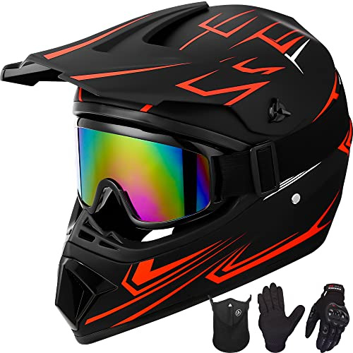 Yesmotor Youth Kids Motocross Helmet Motorcycle Dirt Bike Off-Road Mountain Bike BMX MX ATV Helmet with(Gloves Goggles Mask) 4Pcs Set - DOT Approved(Red,L)