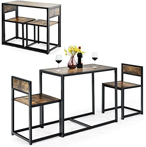 GIANTEX Juego de Muebles de Bar 3 Piezas, 1 Mesa de Comedor con 2 Sillas, Conjunto de Comedor Pequeño para 2 Personas, Diseño Ahorro Espacio, Juego de Bistró para Bar, Balcón (Marrón)
