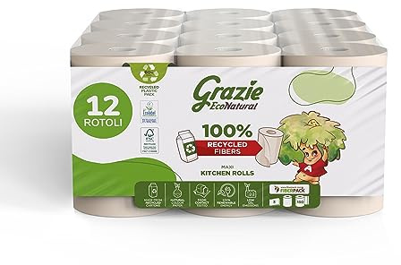 Grazie Natural, Asciugatutto Monorotolo, 12 Rotoli, Bobina di Carta Assorbente Realizzata con Carta 100% Riciclata Fiberpack, Certificata Ecolabel e FSC Recycled, Made in Italy