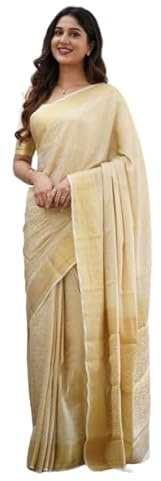 Flosive Sari Kanjivaram tissé avec chemisier couleur mélangée et doré, Crème, taille unique