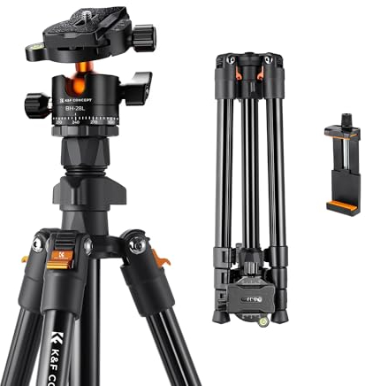K&F Concept K234A0 Handy-Stativ mit CNC BH-28L Kugelkopf,163cm Kamera Stativ, Tripod für Smartphone mit Handyhalterung, Aluminium Reisestativ, Max. Tragfähigkeit 10KG