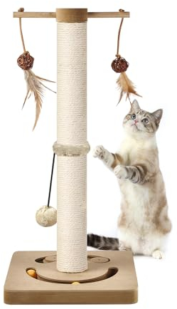 AUSCAT Kratzsäule für Katzen, Kratzbaum mit Verschiedenen Interaktiven Spielzeug, Kratzstamm mit Natürlichem Sisalseil in Modernem Design- 63cm Beige