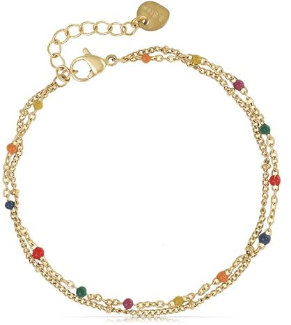 Made by Nami Zweireihiges Armband Damen Gold aus Edelstahl mit bunten Perlen 20 + 5 cm Länge Wasserfest Chakra Schmuck (Bunt)