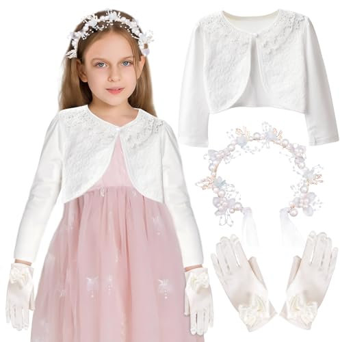 Kommunionkleid mit Bolero Weiß, Haarschmuck und Handschuhe mit Schleife für Mädchen, Erstkommunion Set 130 (3pcs)