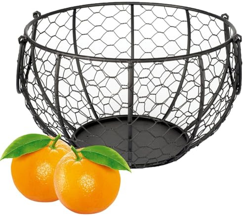 Cestino per uova – Cesto per il trasporto di uova rustico in filo tondo raccoglitore di uova e organizzatore | Cesto raccogliuova rotondo in filo metallico stile fattoria, grande cestino portaoggetti