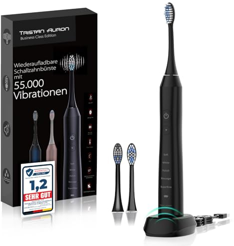 Tristan Auron Schallzahnbürste – Kompakte elektrische Zahnbürste mit 2 Aufsteckbürsten – 55.000 Schwingungen, 5 Modi – 60 Tage Akku – USB-Ladung, wasserfest (Schwarz)