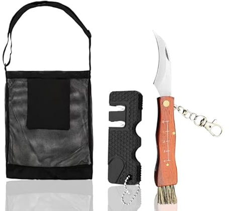 Tulov Pilzmesser mit Bürste, Pilzsammler Messer, Pilzsammeltasche, Messerschärfer, Edelstahl Taschenmesser, Klappmesser, Pilztasche, Pilzmesser Set Geschenk für Pilzsammler
