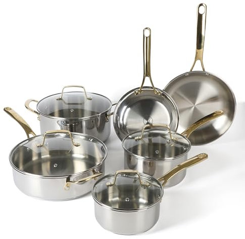 Martha Stewart Castelle 10 Piece Heavy Duty 18/8 Stainless Steel Pots and Pans Set for Induction and Nontoxic Cookware, Gold Handles, Dishwasher Safe