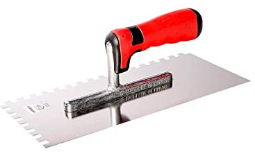 ASKON Zahnglättekelle - Traufel - Glättescheibe - Glättekelle rostfrei, mit verstellbarem 2K–Softgriff, Zahnkelle mit Aluminiumstütze, Blattstärke 0,7 mm, 2-seitig gezahnt (8 x 8 mm)