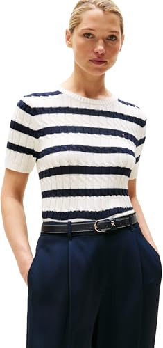 Tommy Hilfiger Donna Pullover Cable Maniche Corte, Multicolore (Ivory Silk/Dark Night Navy STP), M