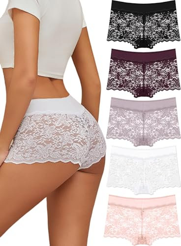 ALL OF SHE 5er Pack Unterwäsche Frauen Sexy Unterhosen Damen Spitze Atmungsaktive Boxershorts Damen Panties Hipster Stretch-Baumwolle Bund Dessous Mehrpack M