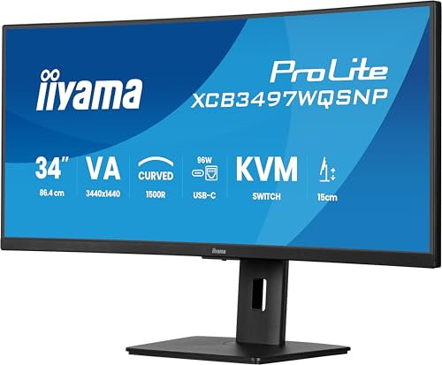 iiyama Prolite XCB3497WQSNP-B1 - Monitor LED VA Curvo 1500R de 34 Pulgadas, UWQHD, HDMI, DP, USB 3.2, USB-C Dock, 95 W, RJ45, KVM, Ajuste de Altura, sincronización adaptativa, Color Negro