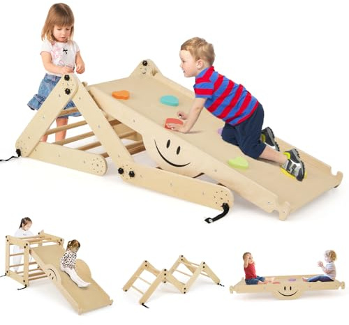 RELAX4LIFE 5 en 1 Juego de Escalada Niños con Rampa Reversible y Balancín, Juguetes Montessori Plegable de Madera, Parque Infantil Montessori Ajustable para Niños 3+ Años (Natural)