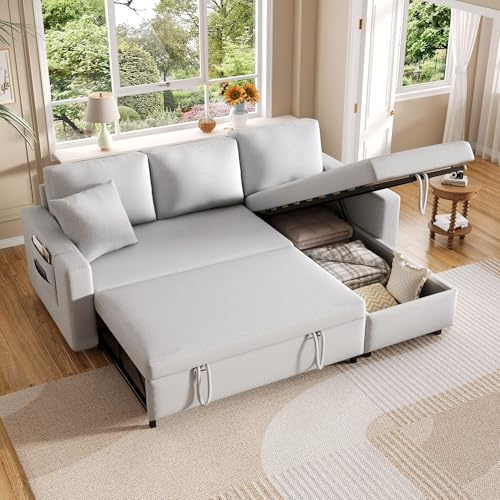 Lubvtti Sofá L moderno con cama, almacenamiento y portavasos, sillón reclinable intercambiable (gris)