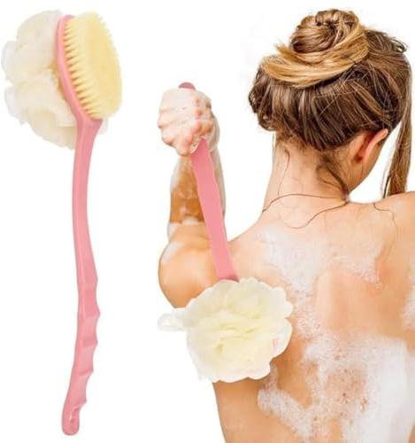 Shower Body Brush with Bristles and Loofah, Double Sided Body Brushes Back Scrubbers Bath Dry Brush Mesh Sponge with Curved Long Handle for Men and Women (Dark Pink)