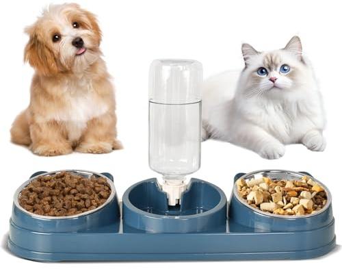 Cat Food and Water Bowl Set - 3-In-1 Double Cat Bowls with 500ml Water Bottle, Dry and Wet Separation Tilted Raised Cat Feeding Station, Metal Food Bowls for Small Medium Dogs Cats (Blue)