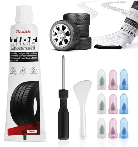 Realth Colla per Riparazione Pneumatici 50ml | Ripara Rapidamente Crepe Buchi | Dotato di tre Dimensioni di Chiodi di Riparazione Pneumatici | Auto Bicicletta Moto Kit di Riparazione Pneumatici
