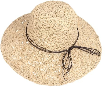 Sombrero de Paja para Mujer Plegable Bohemia Verano Mujeres Sombrero de la Playa del Borde Suave Transpirable Grande Ancho Cap para Viajes Vacaciones (Beige)