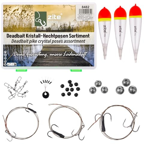 Zite Fishing Deadbait Lot de leurres en cristal 10 à 25 g | Montages à double trépan prêts à l'emploi sur un leader en acier - Perles de butée de plomb à billes incluses - Pose de