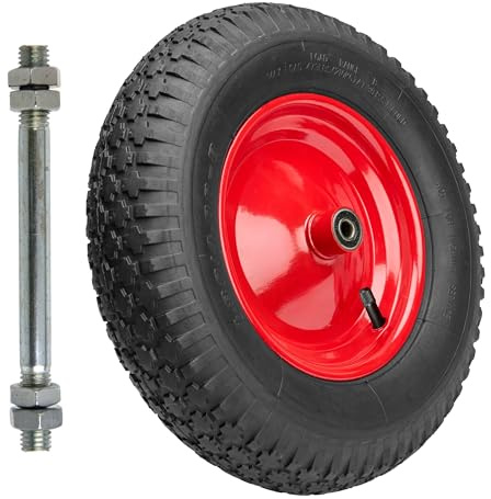 Garronda Roue de brouette 4.80/4.00-8 avec axe, pneumatique 2PR Ø 390×95 mm, jante acier peinte, doubles roulements, valve auto, moyeu 97 mm alésage 12 mm – roue de remplaceme GD-0163, Noir-Rouge
