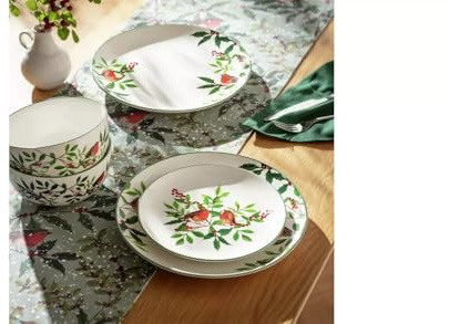Robin 12-Piece Stoneware Dinner Set, Floral Bird Design, White and Green