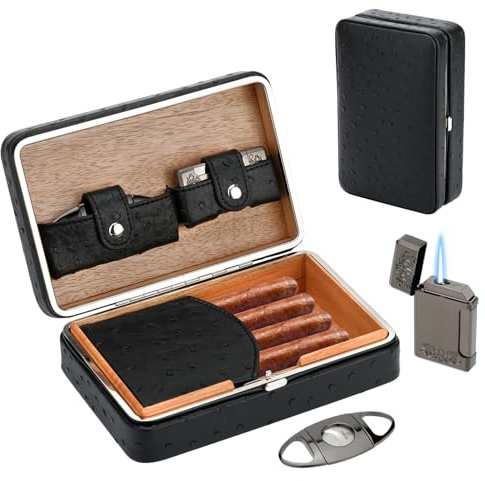 Estuche humidor de puros de viaje con encendedor y cortador, cuero forrado de madera de cedro, capacidad para 4 puros, higrómetro y humidificador integrados, kit portátil de viaje (sin puros) (negro)