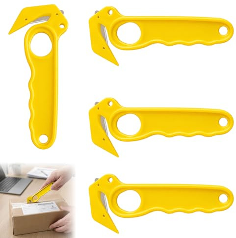 4xCutter Couteau Crochet,Couteau de Sécurité Jaune,Couteaux à Crochet Jaune,Cutter de Décartonage pour Carton,Film Bulle, Plastique et Emballage,Outil de Découpe Professionnel pour Entrepôt et Stock.